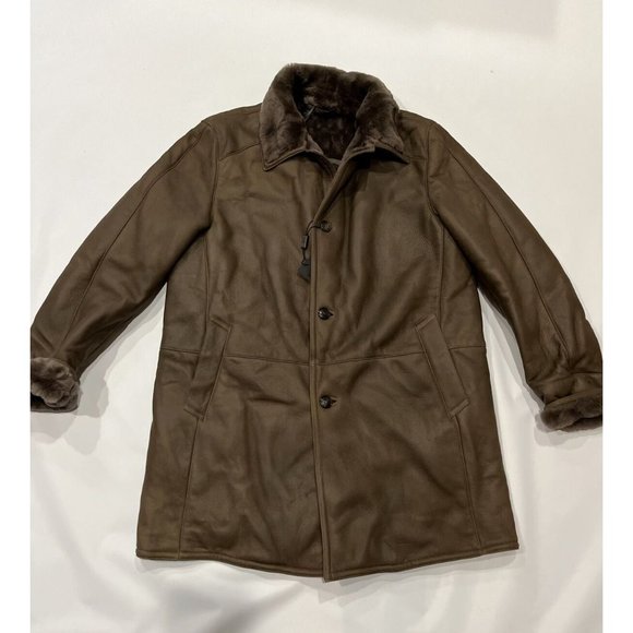 $2495 Gallotti Mens Brown Leather Shearling Fur-Lined Jacket Coat-Eu 54 US 44 - Picture 2 of 10